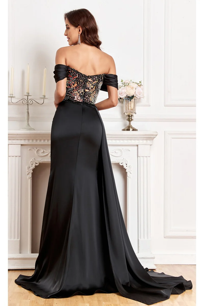 High Couture MJ1005 Fitted Prom Long Formal Beaded Slit Evening Gown - Primitiveus