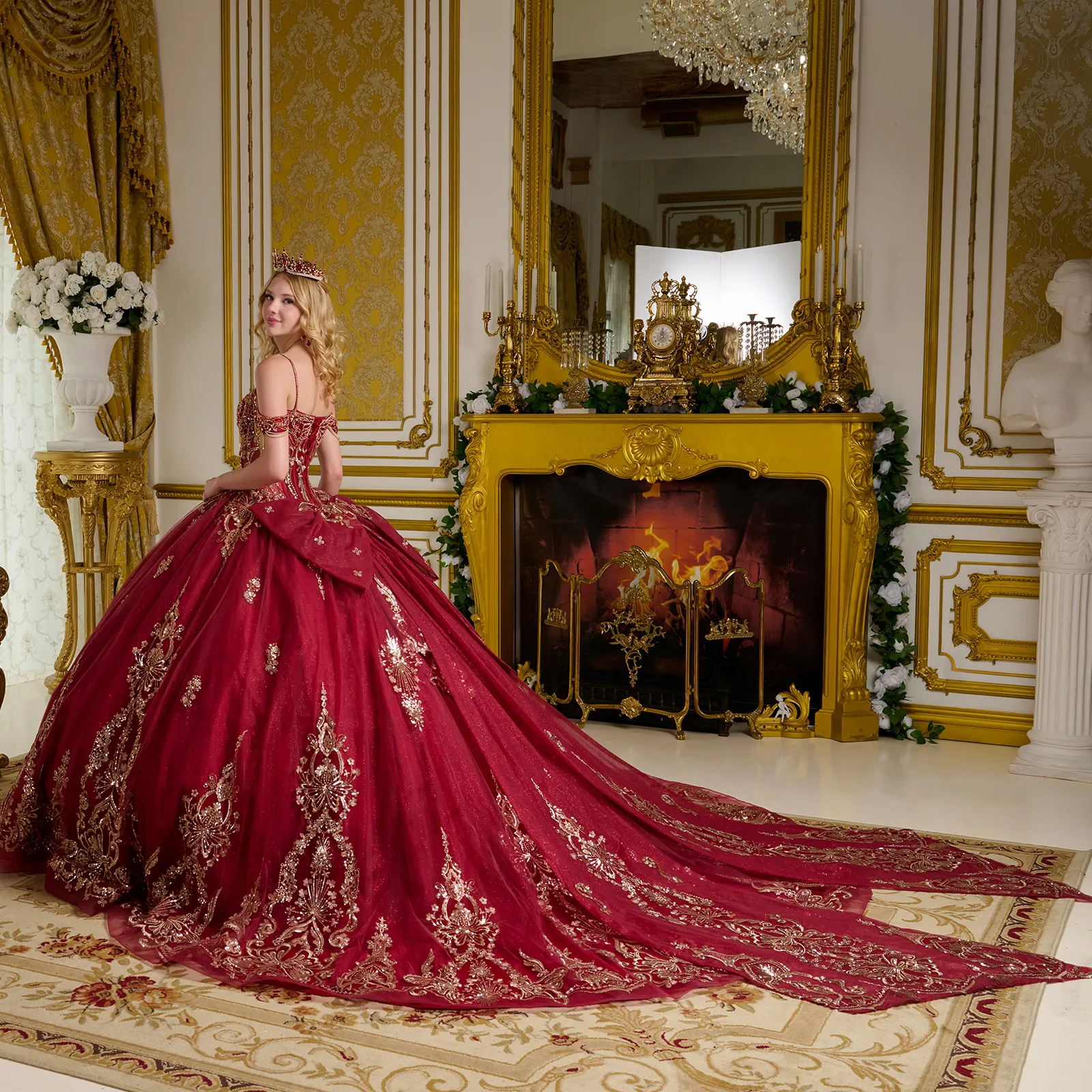 Glitter Long Ball Gown Mettalic Quinceanera Dress - Primitiveus