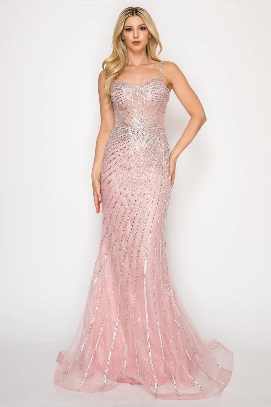 High Couture HC1006 Fitted Long Formal Beaded Corset Prom Gown - Primitiveus