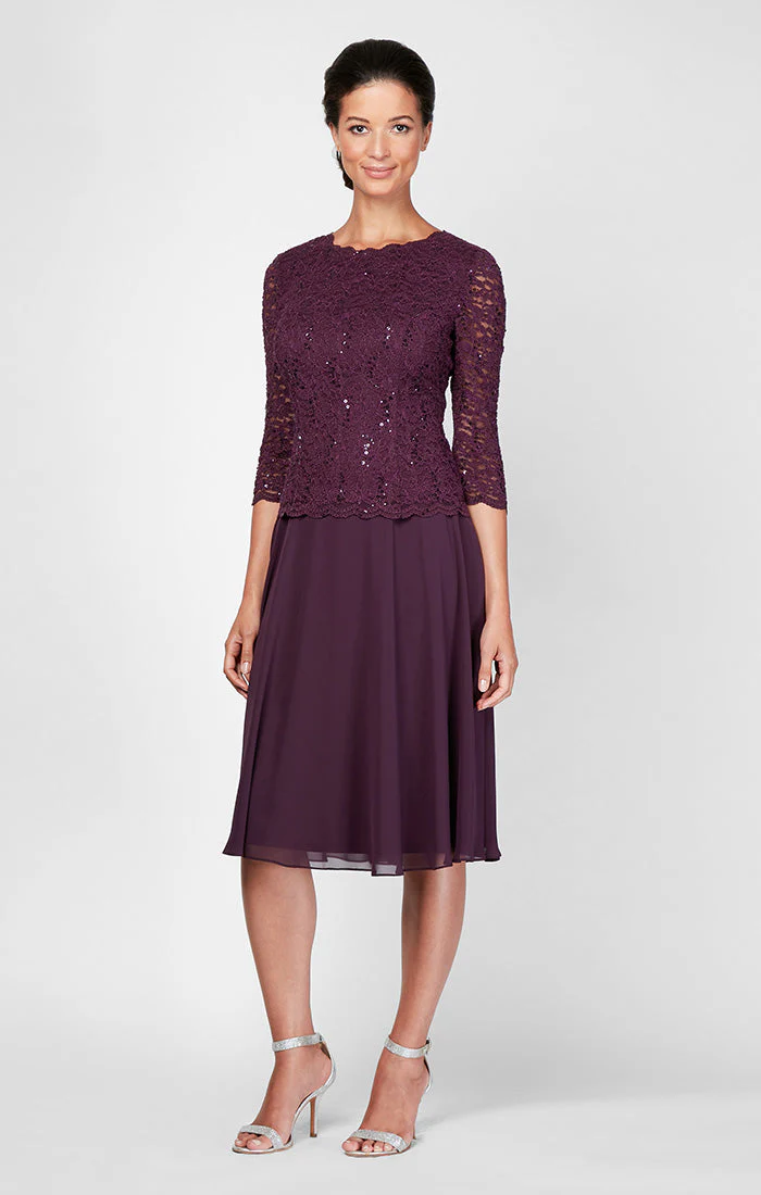 Alex Evenings 2121796 Short Mother of the Bride Petite Lace Tea Length Two Piece Dress - Primitiveus