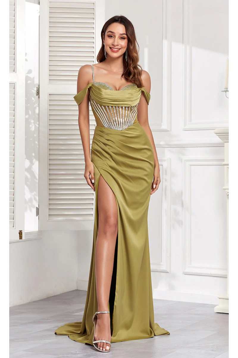 High Couture MJ1001 Beaded Slit Long Formal Corset Prom Dress - Primitiveus