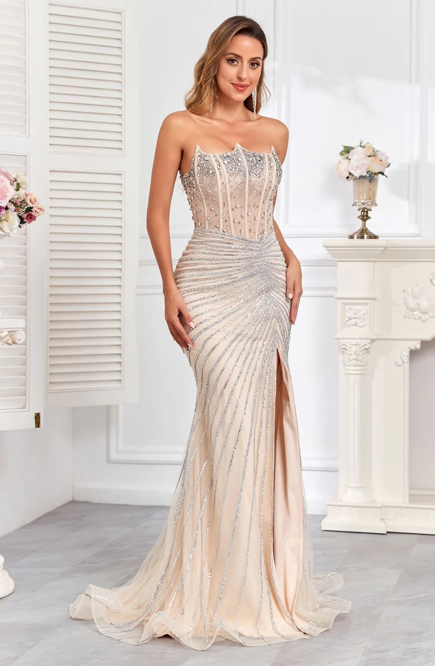 High Couture HC2409 Prom Fitted Long Formal Beaded Corset Evening Gown - Primitiveus